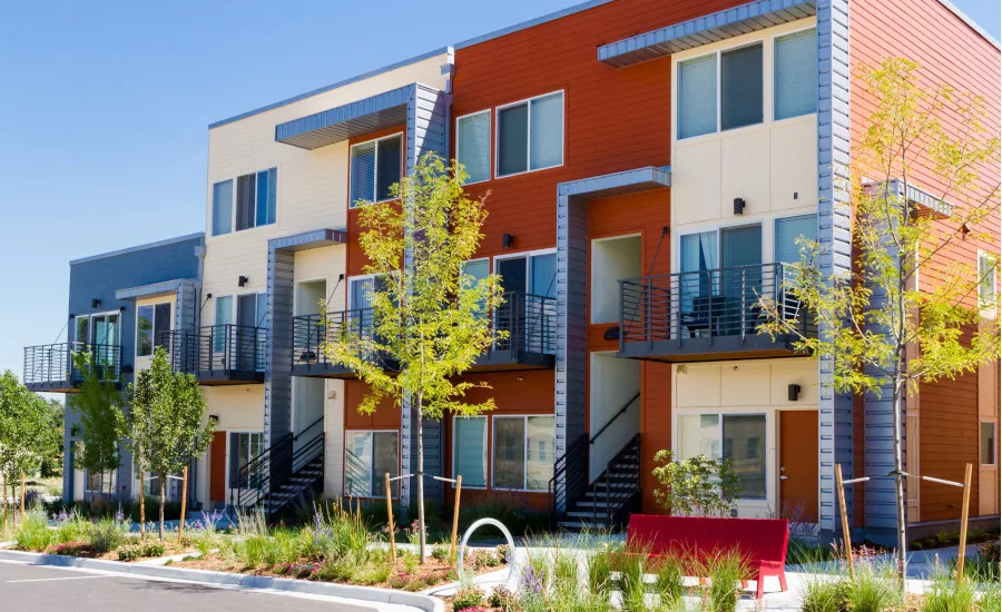 apartment block Modern arapartment complex painted in bright colors.