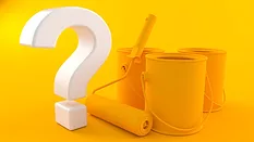 Renovation background with question mark in white against a yellow background with paint cans and roller
