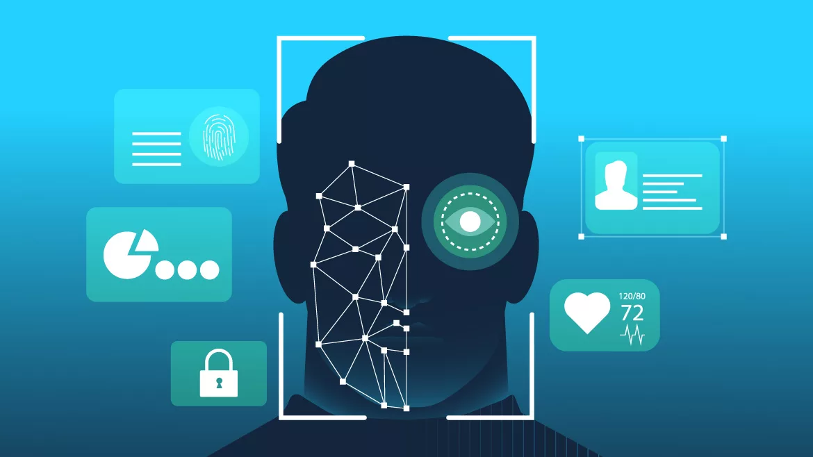 Man's head with digital screens and polygons. Biometria, authorization, identification concept.