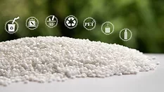 White Pet chips with blurred green background and recycling icons